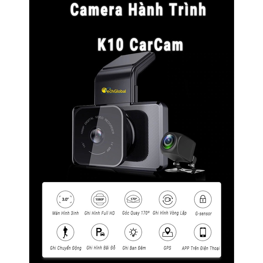 Camera hành trình ô tô thương hiệu cao cấp Dashcam K10 tích hợp camera sau thumbnail