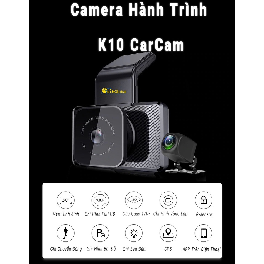 Camera hành trình ô tô thương hiệu cao cấp Dashcam K10 tích hợp camera sau Wifi GPS - Hàng Nhập Khẩu Chính Hãng