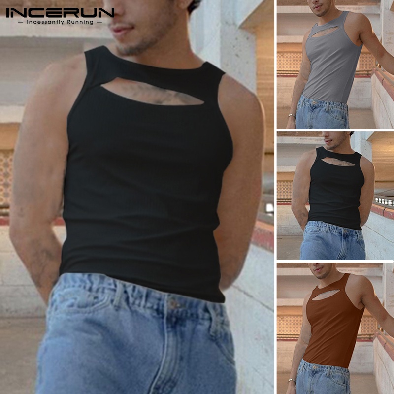 Áo cộc tay INCERUN cổ tròn màu trơn thiết kế rỗng cho nam mặc thường ngày