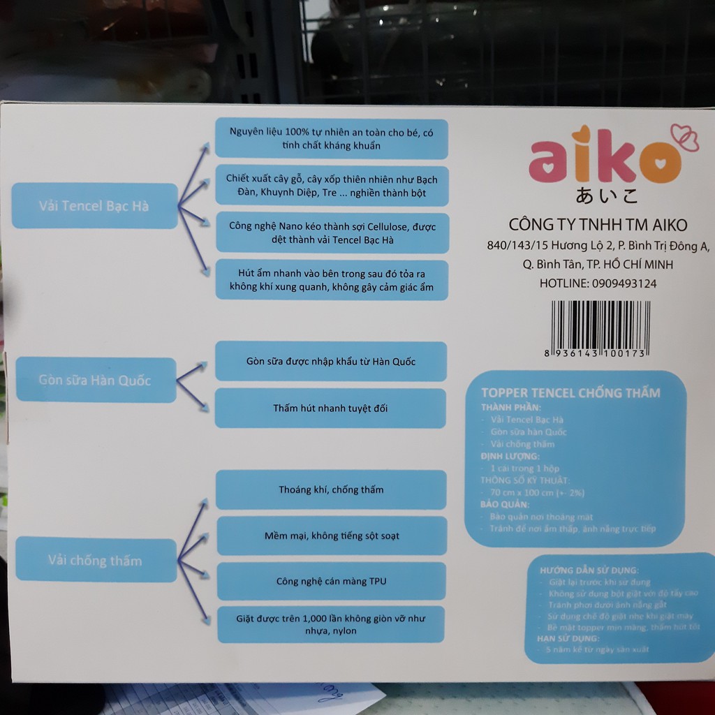 Aiko. Gối và tấm trải nệm vải tencel bạc hà mát lạnh cho bé