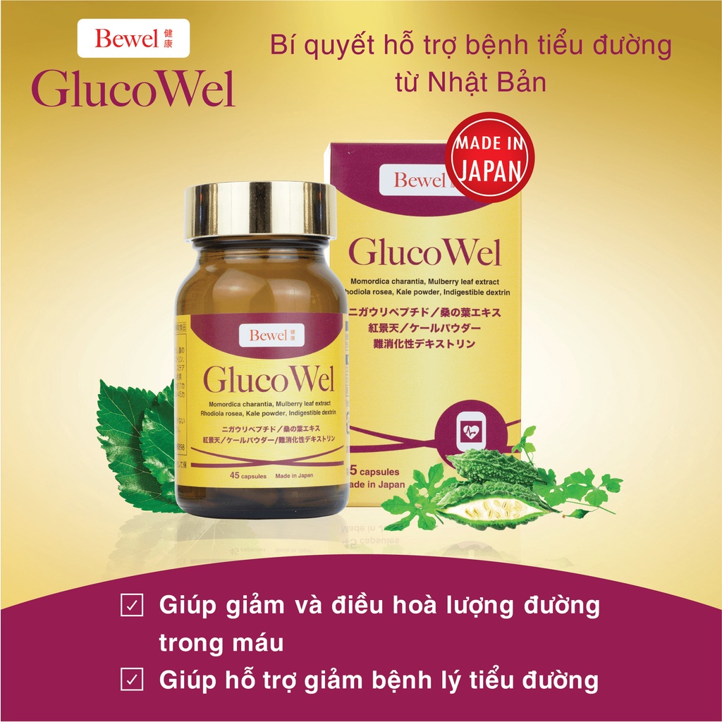 Viên uống Gluco Wel hỗ trợ tiểu đường, kiểm soát đường trong máu Bewel GlucoWel hộp 45 viên Waki