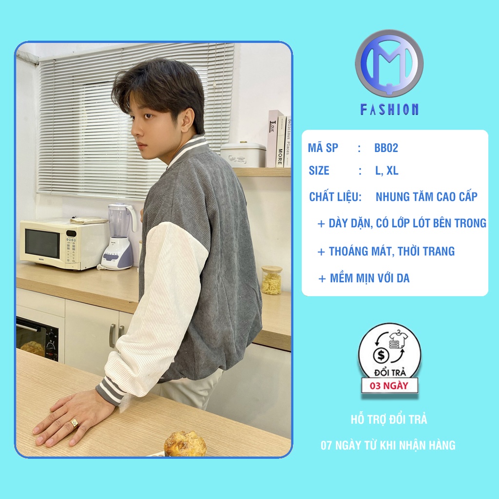 Áo khoác nam bomber nhung tăm nỉ đẹp form rộng 2 lớp bóng chày cao cấp M Fashion BB02