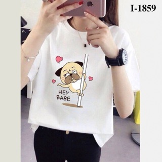 Áo thun nữ tay lỡ in icon chó Hey baby