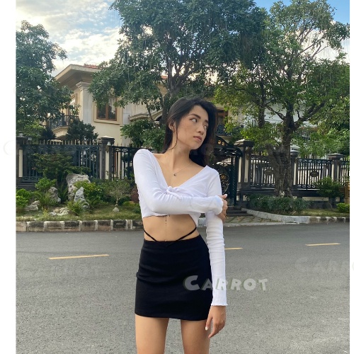 Set áo croptop nữ cột nơ tay dài hở lưng sexy, chân váy basic ôm tôn dáng thiết kế đi chơi đi chụp ảnh Carrotxinhdep