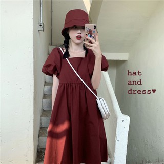 Đầm babydoll basic tặng mũ bucket cùng màu - váy nữ ulzzang