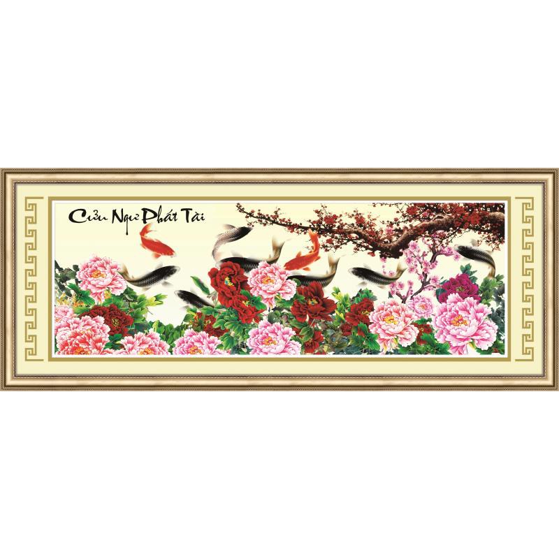 Tranh thêu chữ thập Cửu Ngư Phát Tài 9 cá mẫu đơn 3D AL53606 |123x49cm|- chưa thêu