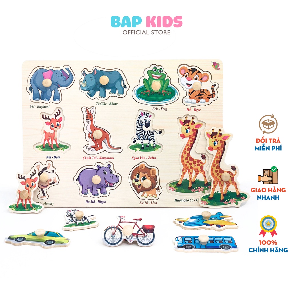 Đồ Chơi BAPKIDS,  Bảng Ghép Hình Núm Gỗ Nhiều Chủ Đề