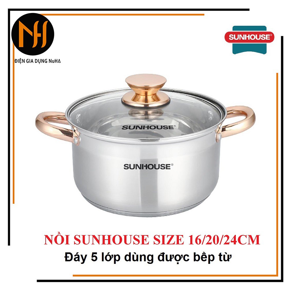 Nồi inox 5 đáy từ sunhouse  size 16cm/20cm/24cm, sử dụng được tất cả các loại bếp, đáy dày dặn