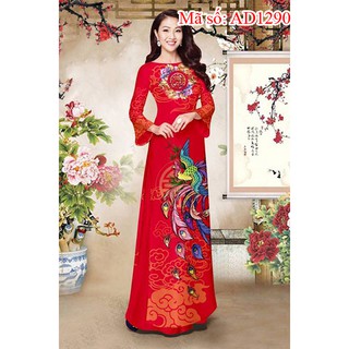 Có size 4XL Áo Dài Truyền thống cổ tròn tay loe in họa tiết lông phụng mùa xuân kèm quần ống rộng