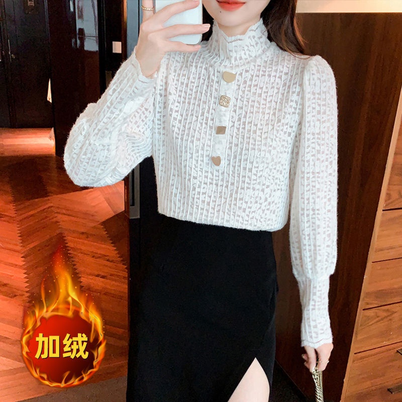Áo ren cổ cao mỏng phong cách retro Pháp thời trang thu đông mới cho nữ 2021