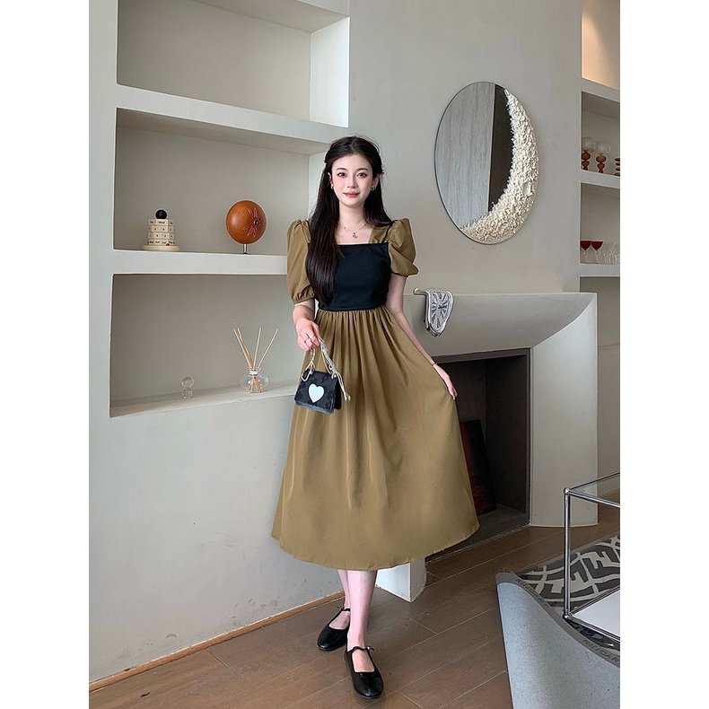 Set Áo Tay Phồng Cổ Vuông + Chân Váy Chữ A Lưng Cao Thời Trang Nữ retro