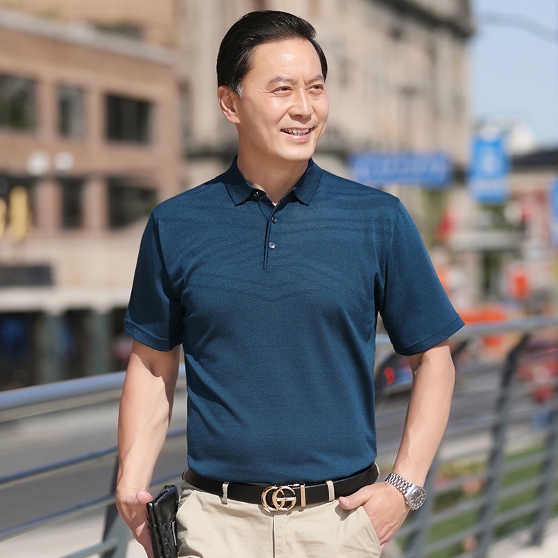 Baju Áo Thun baju T lelaki murahDad Tay Ngắn Bằng Lụa Lạnh Thời Trang Mùa Hè Cho Đàn Ông Trung Niên Gran