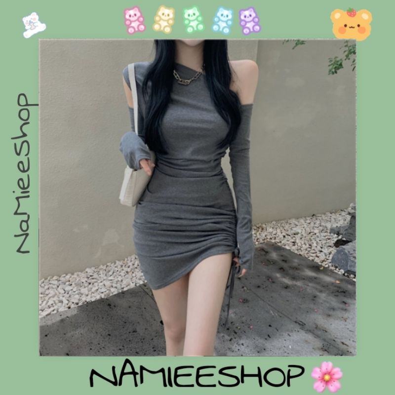 Váy liền hở vai cổ lệch dáng ôm body phong cách sexy quyến rũ