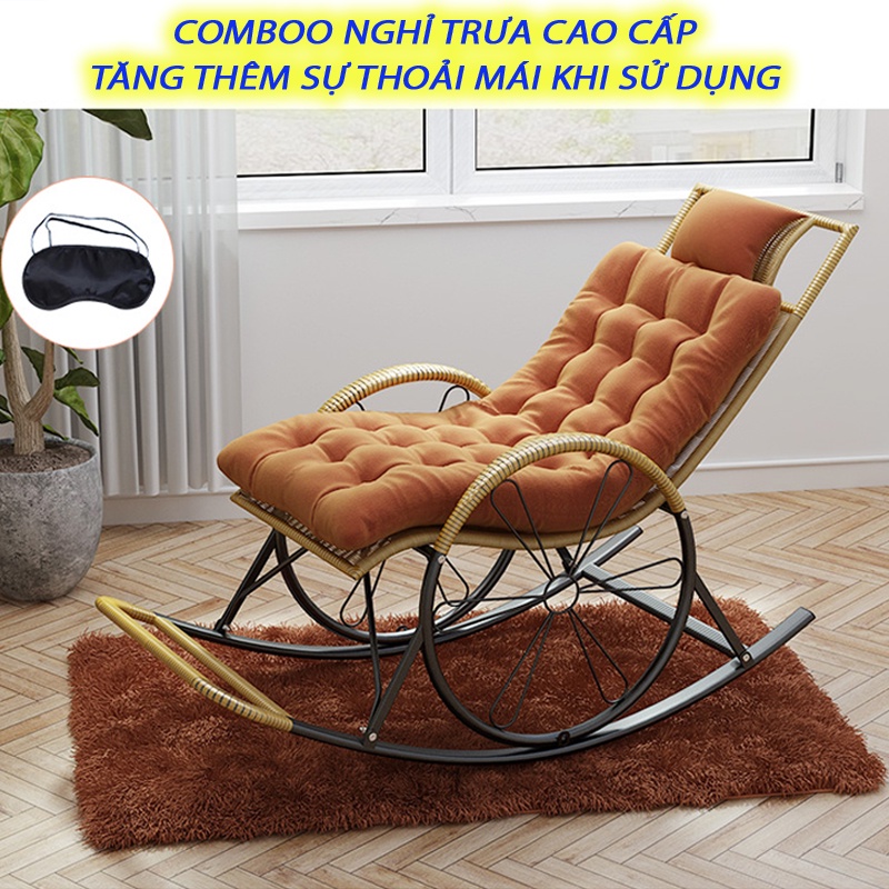 Ghế Mây Thư Giãn Bập Bênh, Ghế Thư Giãn Đọc Sách {Có Bộ Đệm + Thảm Đẹp + Miếng Che Mắt}, Khung Thép Chắc Chắn