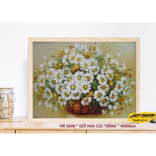[Mã SKAMLTSM9 giảm 10% đơn 99K] D608-TRANH GIỎ HOA CÚC TRẮNG đã căng khung sẵn và dầu phủ bóng