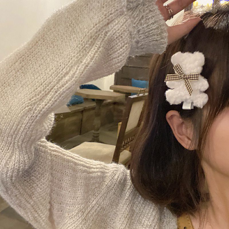 Kẹp Tóc Gấu Teddy Lông Xù Đính Nơ Caro