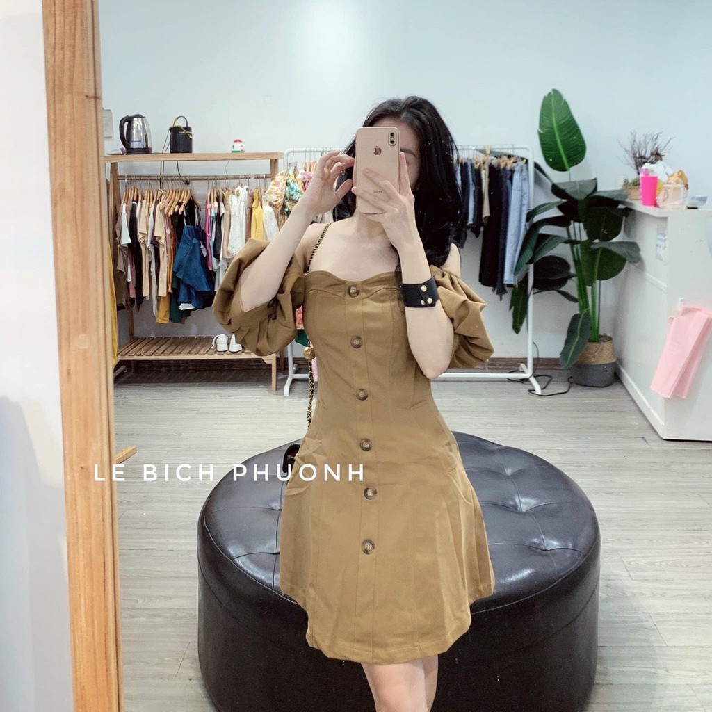 Đầm nâu nút trễ vai Một mẫu đầm dễ thương chuẩn style Hàn xẻng cho mấy nàng nha... 🥰🥰 Chất kaki co giãn