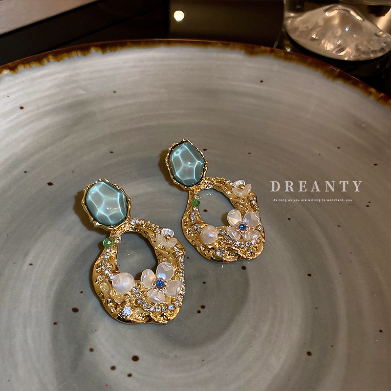 Bông Tai Xếp Li Bằng Bạc Họa Tiết Hoa Đính Ngọc Trai Thời Trang Phong Cách Âu Mỹ Cho Nữ