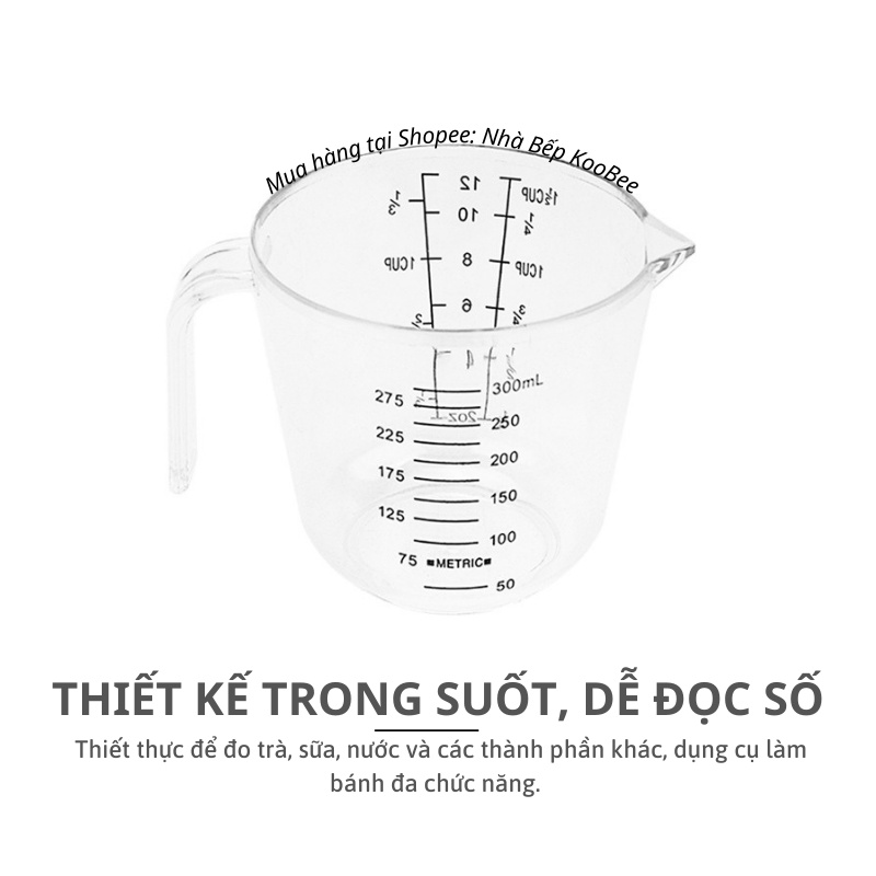 Cốc đo lường dung tích 150/300ml - Cốc đong chất lỏng và trọng lượng trong suốt có tay cầm dài tiện dụng cho nhà bếp