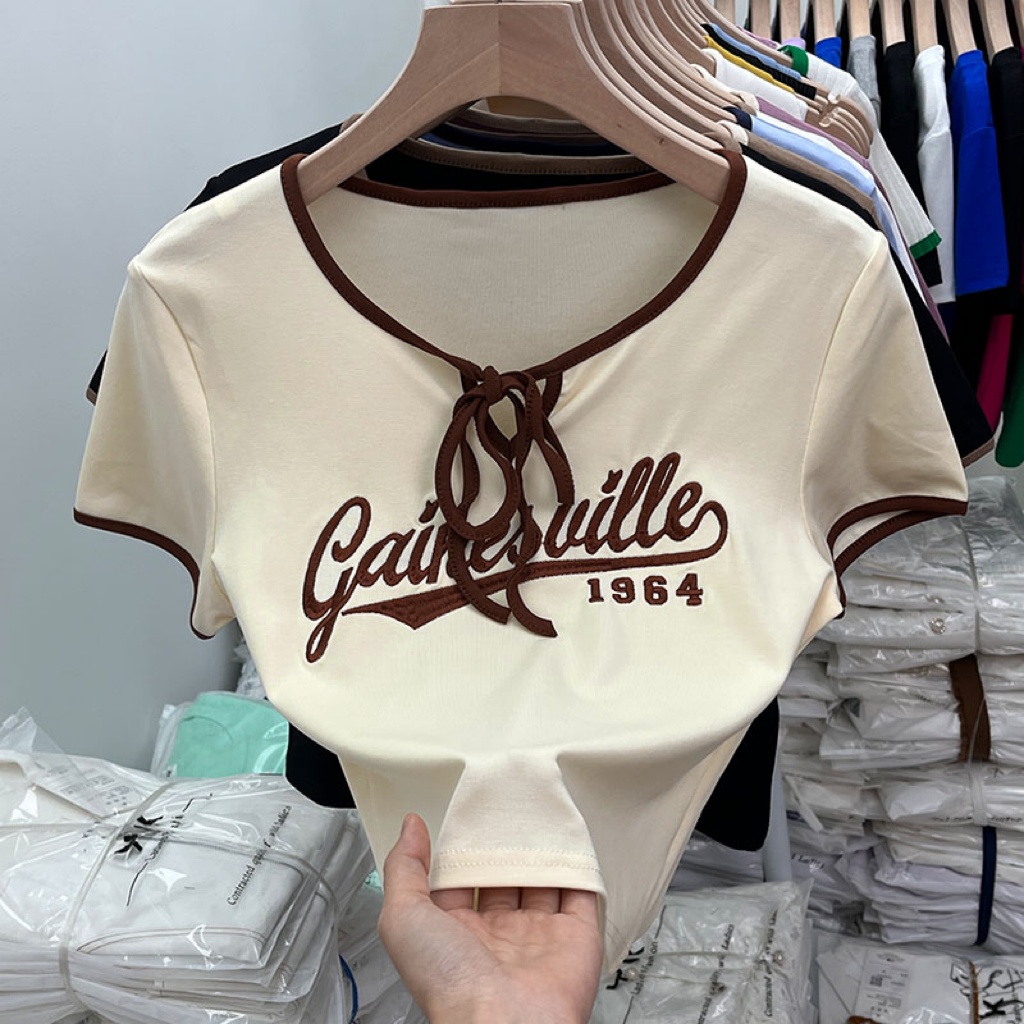 Áo thun BH ngắn tay cổ phối dây thêu họa tiết thời trang mùa hè cho nữ