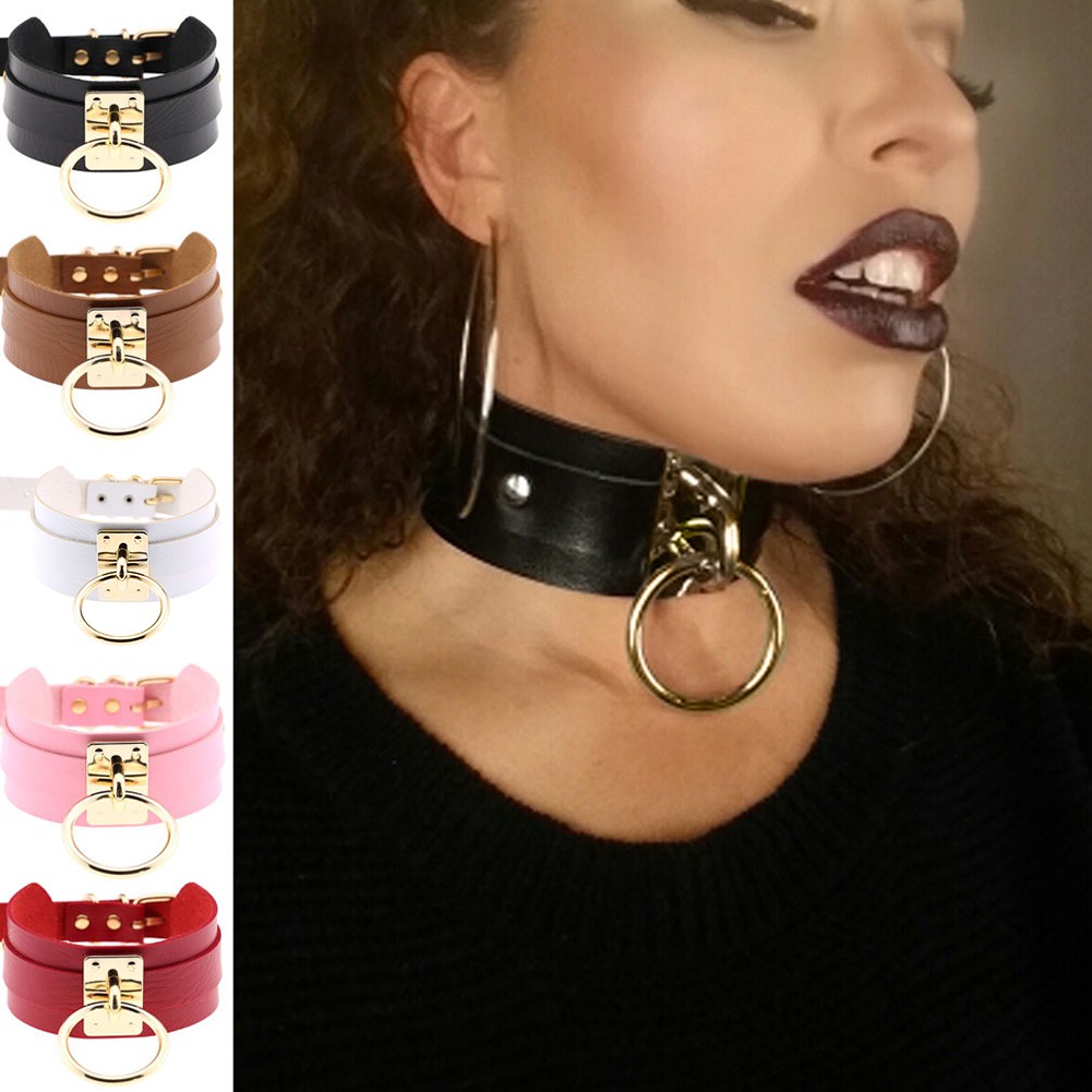 Vòng Cổ Choker Da Nhân Tạo Phối Mặt Nhẫn Kim Loại Đầy Độc Đáo