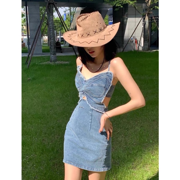 Váy Jean Nữ Xanh Cao Cấp Váy Đầm Jean Bò Rin Nữ 2 Dây Phong Cách Hàn Quốc
