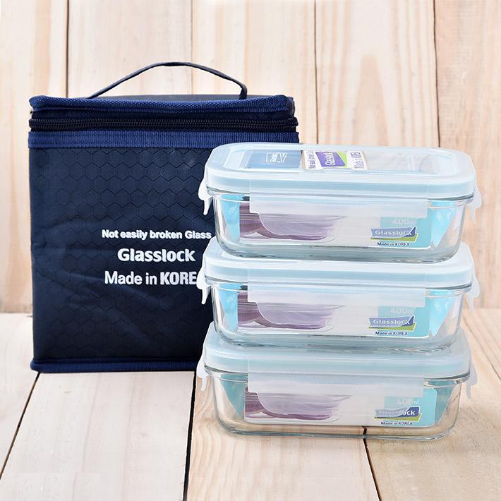 Bộ 3 hộp thủy tinh kèm túi giữ nhiệt Grasslock (Hàn Quốc)