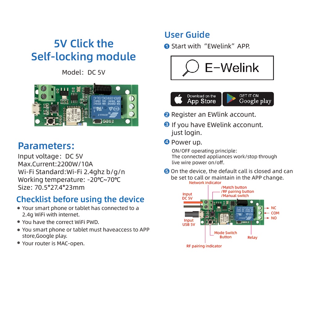 DIYMORE 433MHZ remote control Sonoff eWeLink 5V Self-lock Smart WiFi Wireless Switch Relay Module DC5V by APP Control