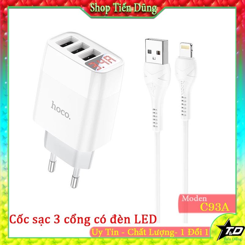 Bộ Củ Sạc Hoco C93A Với 3 Cổng USB, Đèn Led Hiển Thị Dòng Có Lựa Chọn Loại Dây Sạc Lightning, Micro, Type-C, Bộ Sạc Lẻ