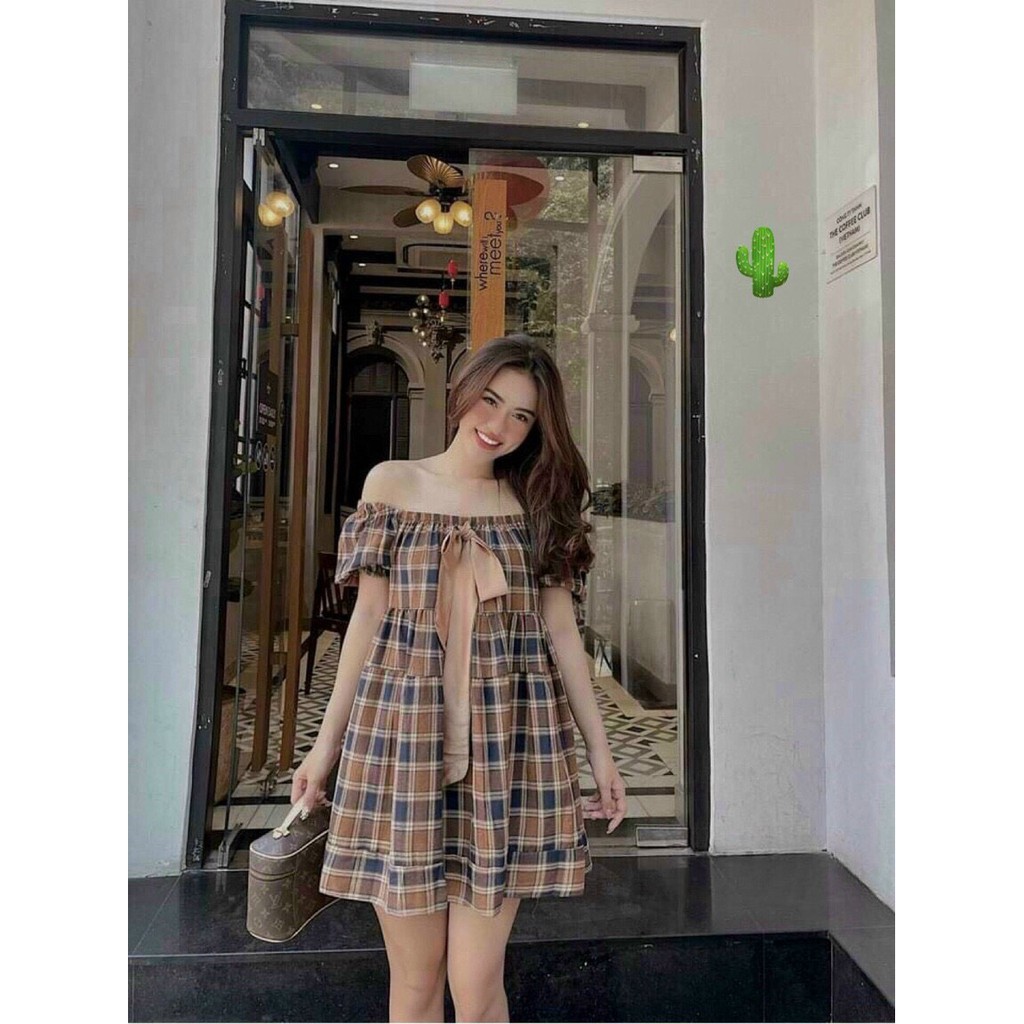 Đầm caro baby doll💖FREESHIP💖 đầm trễ vai tiểu thư-Thời Trang Nữ