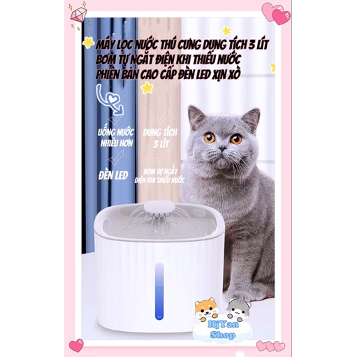 Máy uống nước lọc nước tự động cho mèo chó đài phun nước tự động vòi sen cho thú cưng 3L + đèn led + bơm tự ngắt