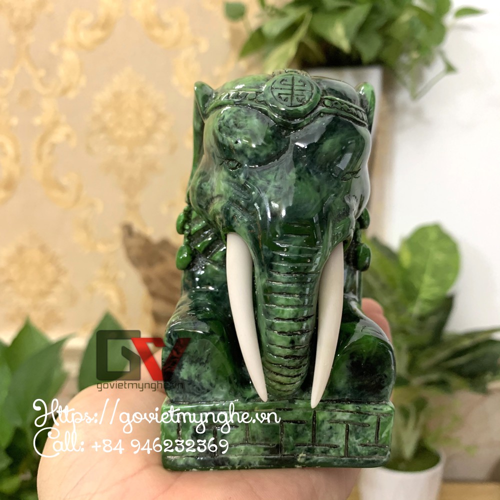 Tượng voi đá trang trí phong thủy trang trí bàn làm việc - Màu Xanh Lục Bích - Chiều cao 11cm