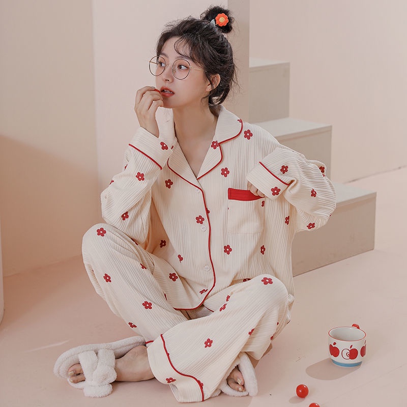 Bộ đồ ngủ cotton tay dài phong cách Hàn Quốc dành cho nữ