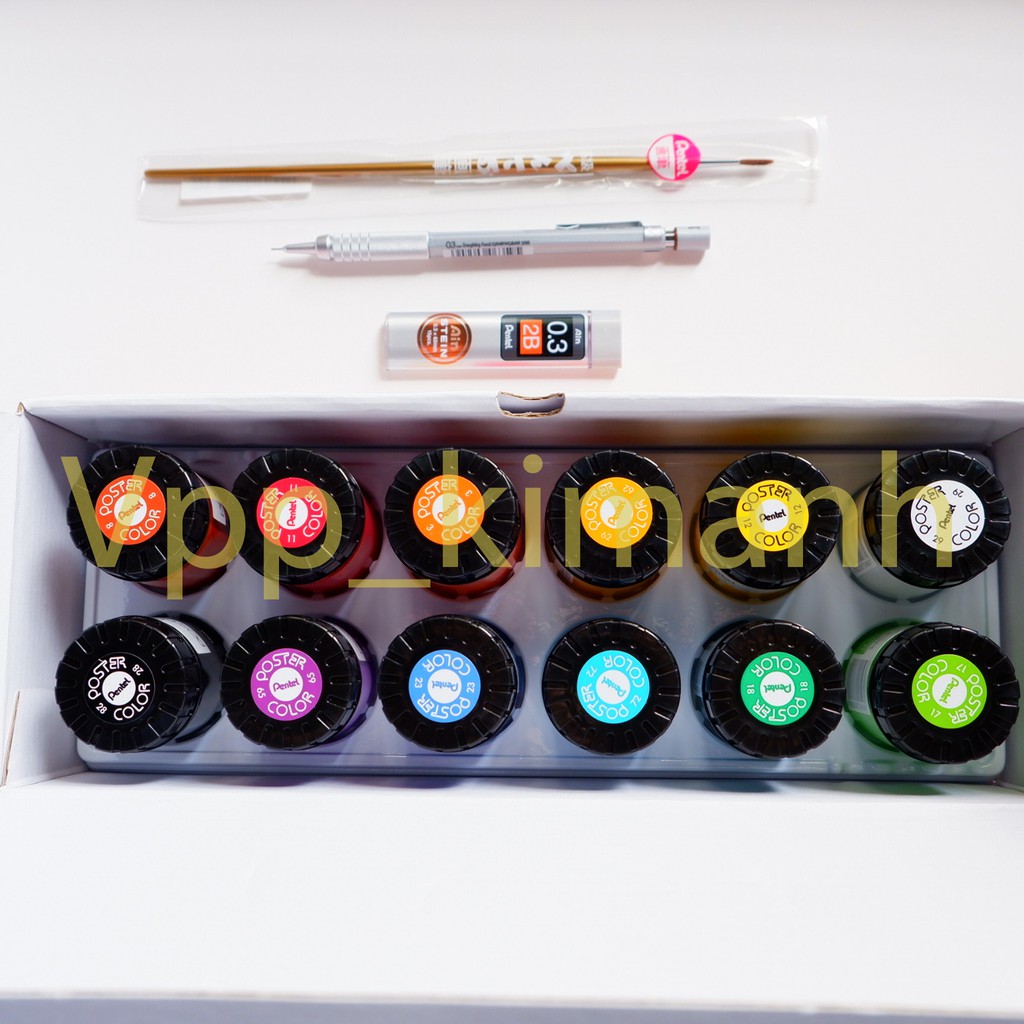 Màu nước Pentel poster color WPU2-12 - Chì kim thân kim loại Pentel 0.3 - Ruột chì kim 0.3 - Cọ Pentel