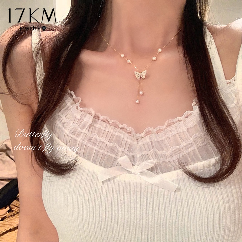 Vòng cổ 17KM mạ vàng mặt hình bướm đính ngọc trai nhân tạo ngọt ngào thời trang