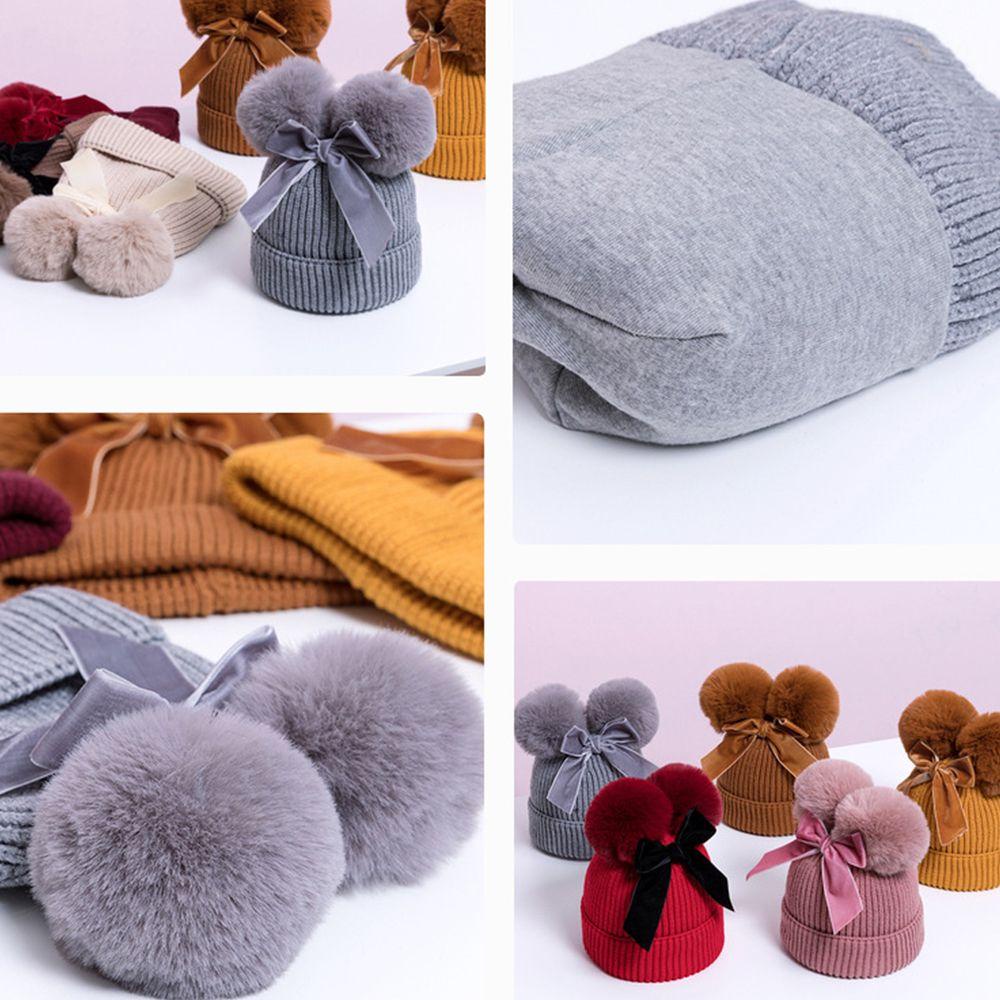 Mũ Len Trùm Đầu Đính Hai Quả Bông Màu Trơn Thời Trang