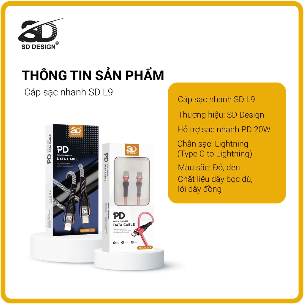 Cáp sạc PD 20W L9 chính hãng SD Design, chân sạc USB C Sang Lighting dây dù chống đứt cho ip 6 đến 13 pro max