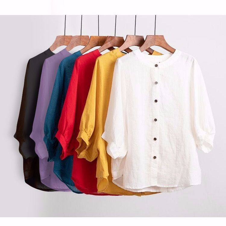 Áo Sơ Mi Cotton Lanh Mỏng Tay Phồng Dáng Rộng Màu Trơn Cổ Điển Thời Trang Cho Phụ Nữ Trung Niên