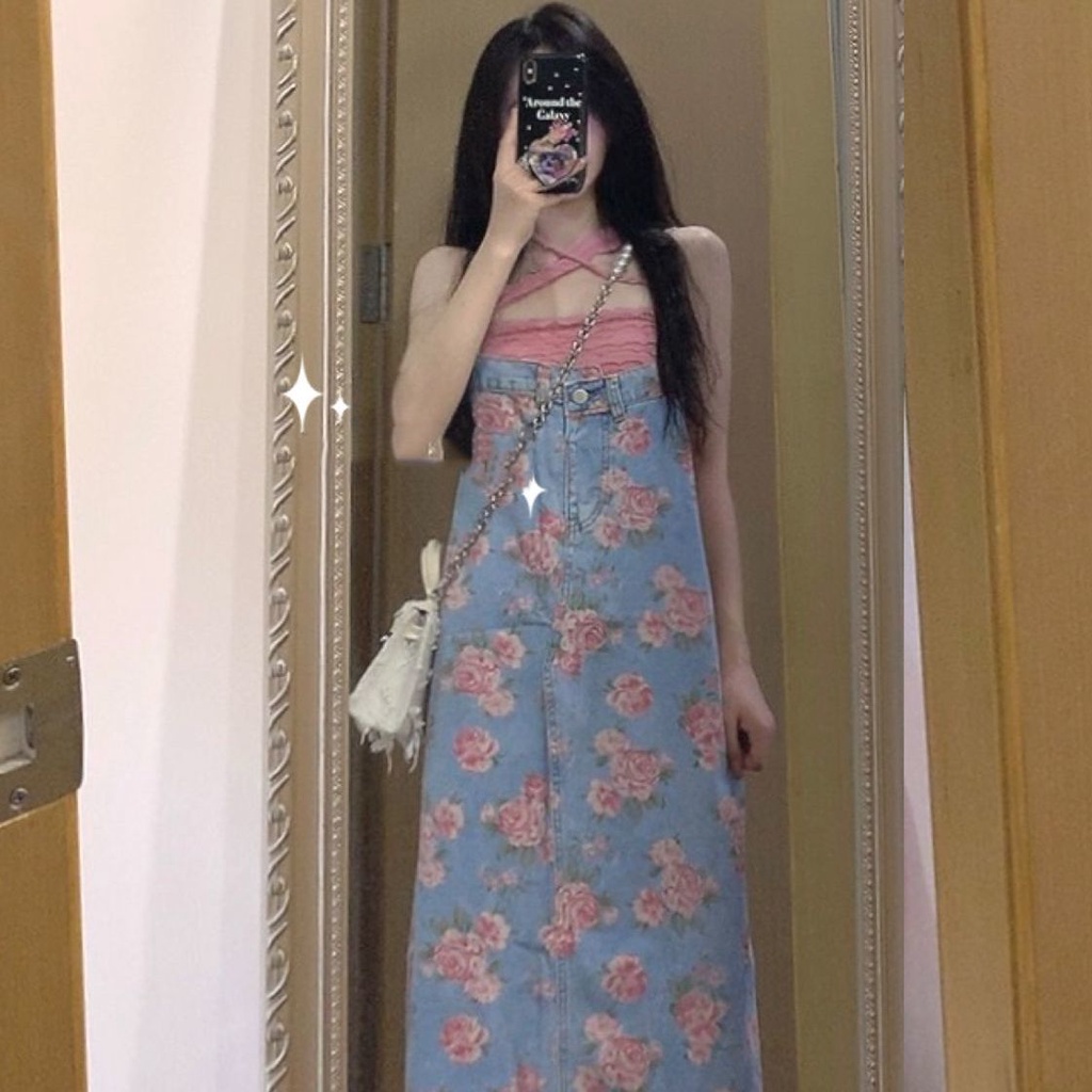 Jiashucheng Xiaoxiangfeng Đầm Hai Dây Denim Mỏng Họa Tiết Hoa Ngọt Ngào Xinh Xắn Cho Nữ