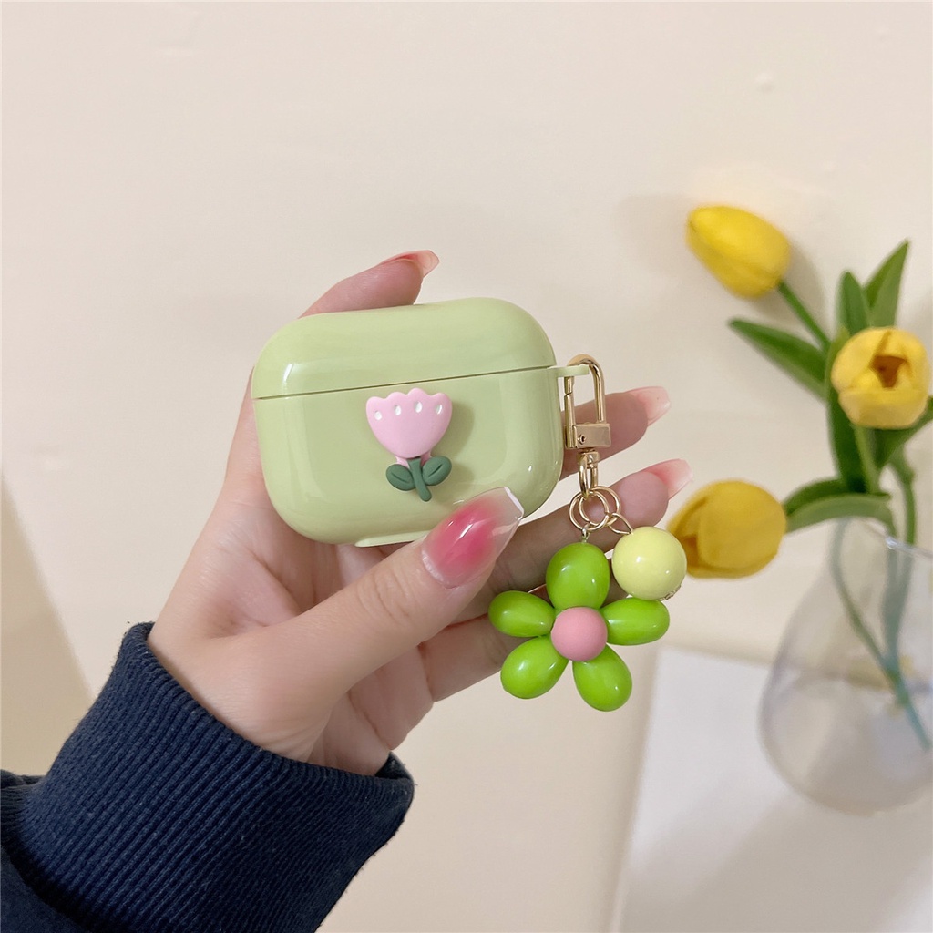 Vỏ Bảo Vệ Hộp Sạc Tai Nghe AirPod 1/2/3 Pro 1/2/3 Bằng Silicon Họa Tiết Hoa Màu Xanh Lá Đơn Giản