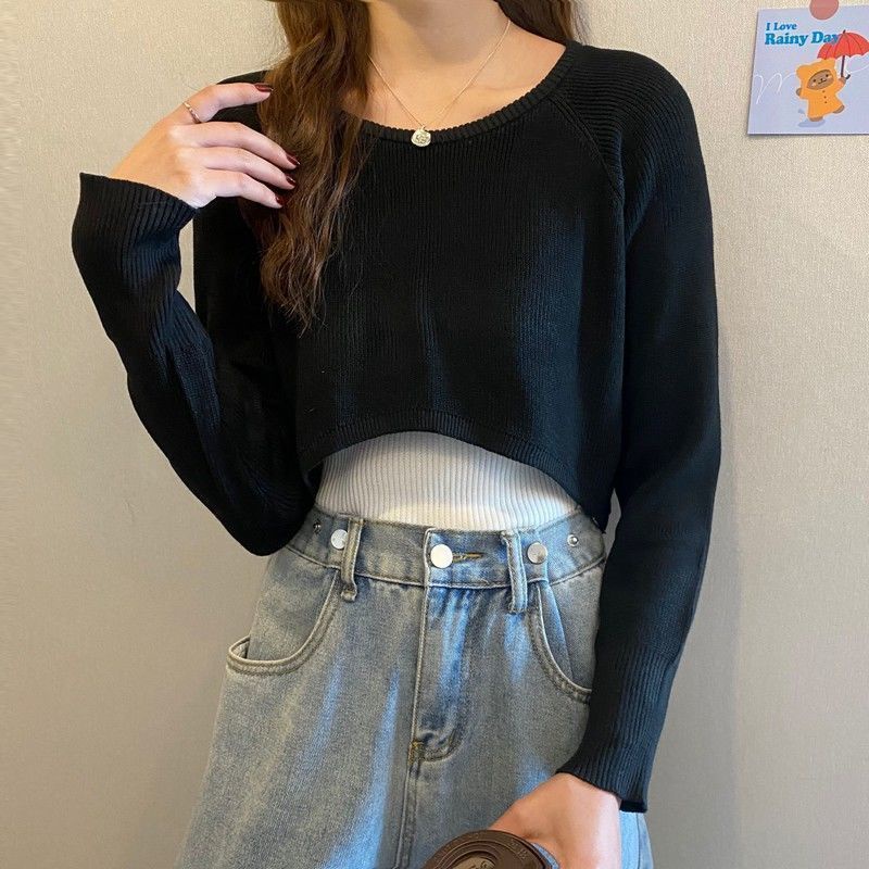 Áo Croptop Dệt Kim Tay Dài Lưng Cao Màu Trơn Thời Trang Mới Dành Cho Nữ 2021