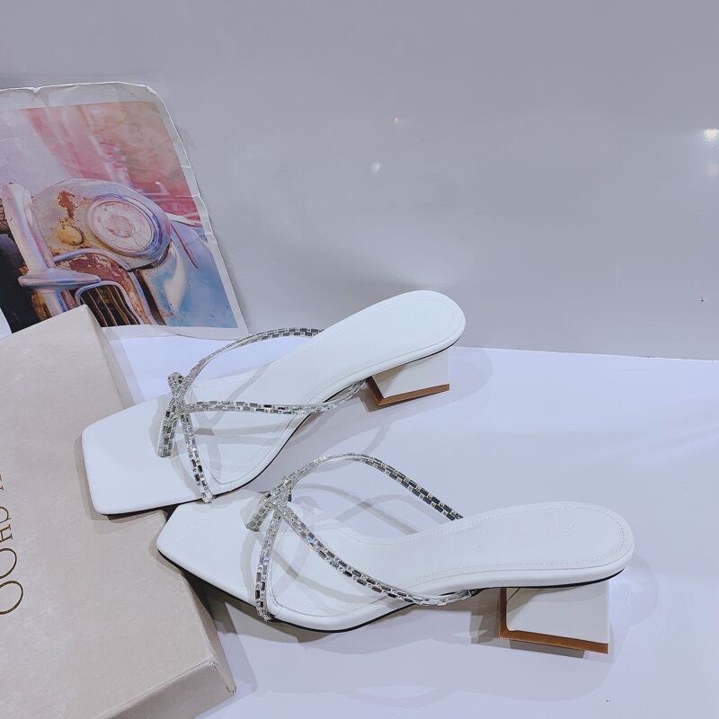 Dép nữ 5 phân cao gót đế vuông quai chéo đính đá Thiên Hương VNXK BP51L118 Guốc cao gót sandal 5p 3 màu trắng đen kem