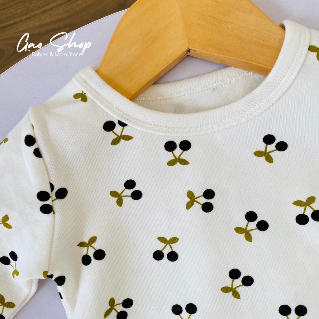 Bộ thu đông dài tay cotton trắng in hình cherry mềm mịn cho bé gái