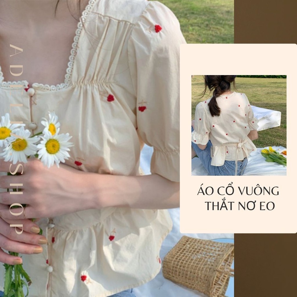 Áo kiểu nữ ngắn tay cổ vuông phối ren xinh xắn, Áo ulzzang họa tiết hoa hồng thắt dây đằng sau, Phong cách Hàn Quốc