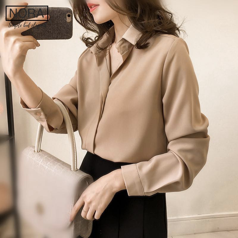 Áo Sơ Mi Nữ Dài Tay Trơn, Áo Sơ Mi Lụa Satin Thiết Kế Cao Cấp Vải Dày Mềm