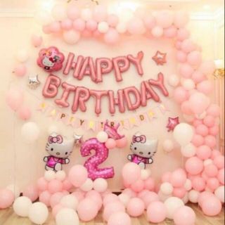 Sét trang trí sinh nhật mèo kitty bóng pastel tặng bơm keo