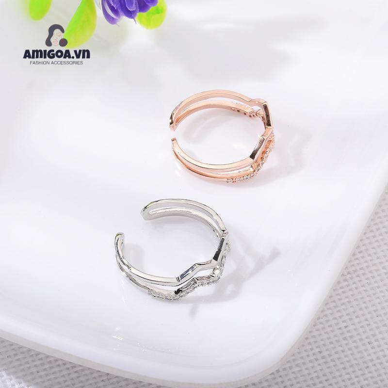 Nhẫn Hai Lớp Họa Tiết Gợn Sóng Đính Đá Zircon Thời Trang Bắt Mắt