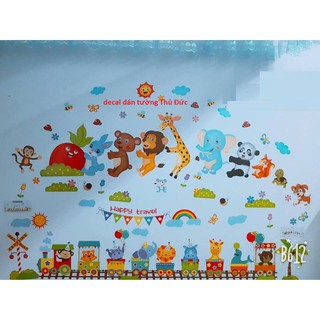 decal dán tường combo thú nhổ củ và xe lửa