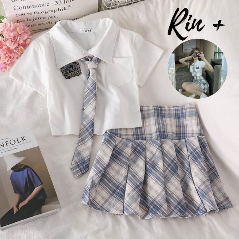 Set JK Áo sơ mi POLO cà vạt kèm chân váy xếp ly kẻ sọc cạp cao