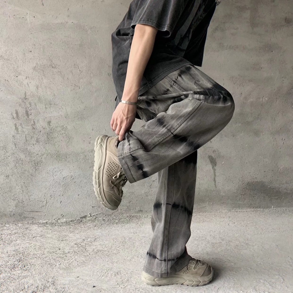 ♞AFF LIGA♞ Quần Jeans Baggy Ống Rộng Màu Nhuộm Phong Cách Hip Hop Đường Phố Thời Trang Mùa Hè Hàn Quốc Cho Nam